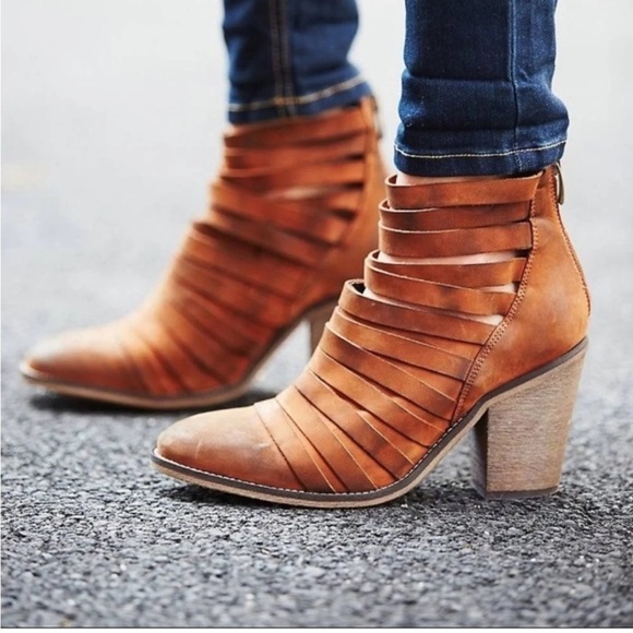 Free People Brown Hybrid Block Heel Ankle Strappy Leather Boots 38 EU or 7.5 US - Picture 1 of 10